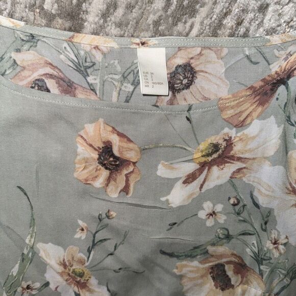 H&M Green Beige Floral Peony Print Dress Size 2 NWOT - Picture 2 of 4